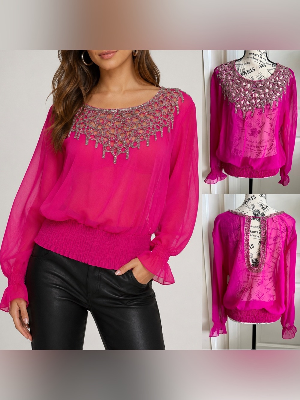 Arden B Y2K Beaded Chiffon Open Back Blouse Top Fuchsia Sz L